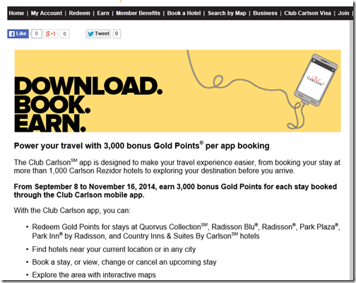 Club Carlson mobile app 3k bonus Q3-2014