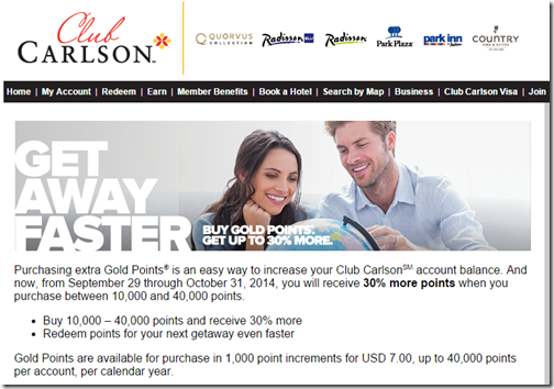 Carlson buy points 30percent to 10-31-2014