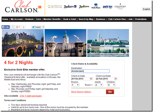 Club Carlson 4-for-2 rate