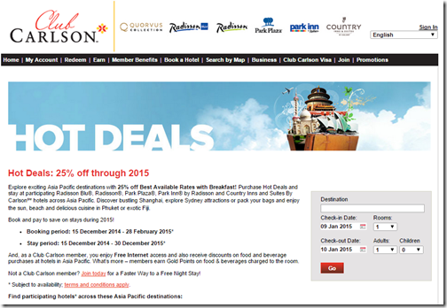 Club Carlson 2015 Asia Pacific breakfast rate