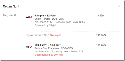 Google Flights DUB-SFO via Paris