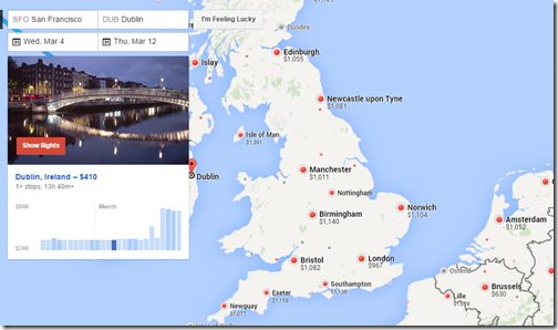 Google Flights Dublin fare calendar