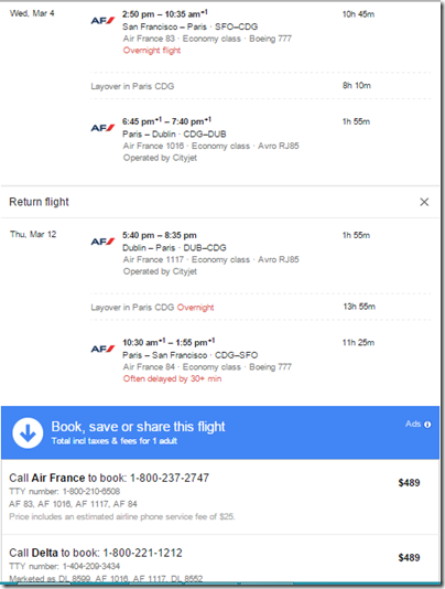 Google Flights SFO-CDG-DUB-$489