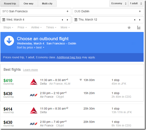 Google Flights SFO-Dublin 410