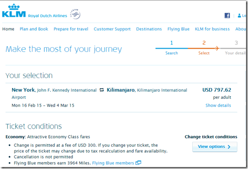 KLM JFK-JRO 798-fare