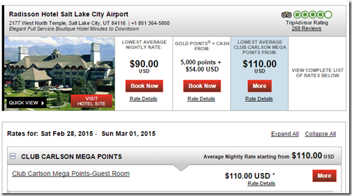 Radisson SLC Airport Megapoints rate