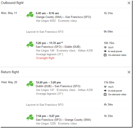 SNA-DUB Aer Lingus $795