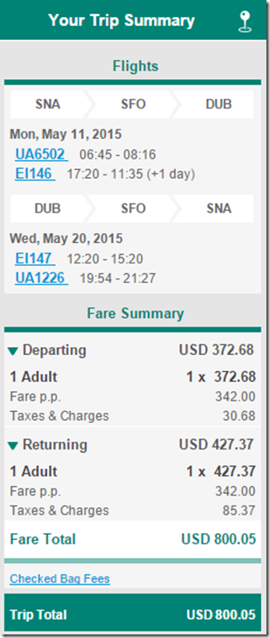 SNA-DUB Aer Lingus $800 fare