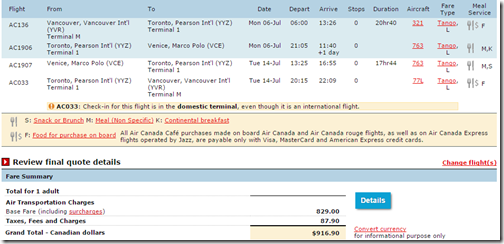 YVR-VCE Air Canada $727 July