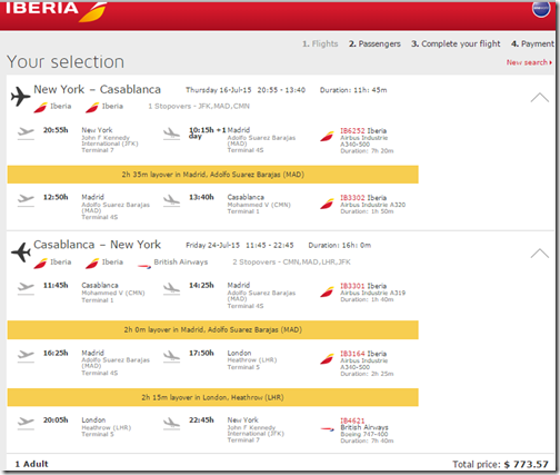 JFK-CMN Casablanca Iberia $774 July