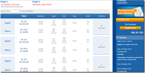 LAX-BCN $687 Aeroflot