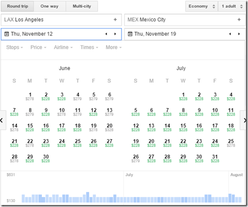 LAX-MEX Google flights calendar June-July