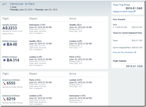 YVR-CDG AA June15 $915.51 CAD