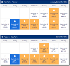 JFK-SVO LOT calendar of $397 fares