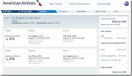 LAX-GRU AA $443 August 15