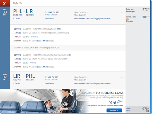 PHL-LIR $273 Delta Oct15