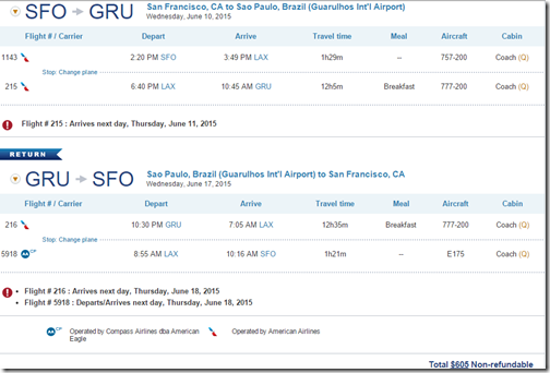 SFO-GRU $605 US June15