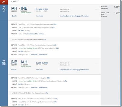 IAH-JNB Delta $709.40 Oct 27-Nov 8