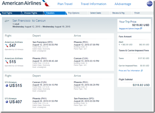 SFO-CUN $220 AA Aug15