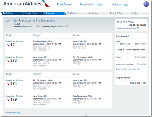 SFO-GIG $635 AA Sep15