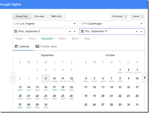 Google Flights Tutorial LAX-CPH return fares