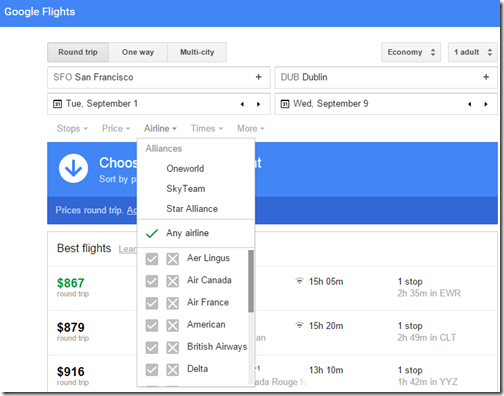 Google Flights tutorial Airline filter tab