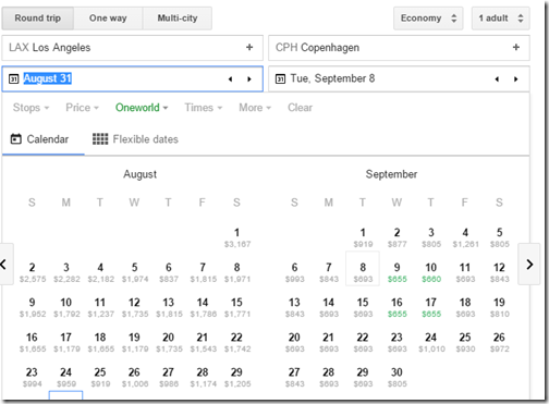 Google Flights tutorial LAX-CPH oneworld  fare calendar