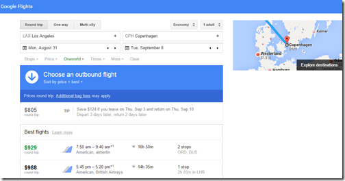 Google Flights tutorial LAX-CPH oneworld