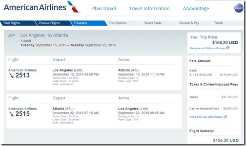 LAX-ATL $156.20 AA Sep15