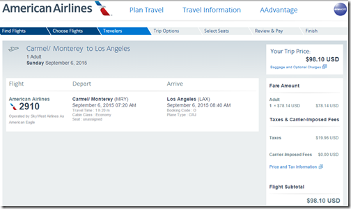 MRY-LAX AA $98 SUN Sep 6