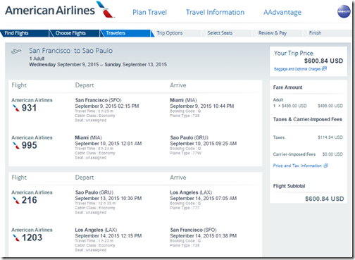 SFO-GRU $601 AA Sep15