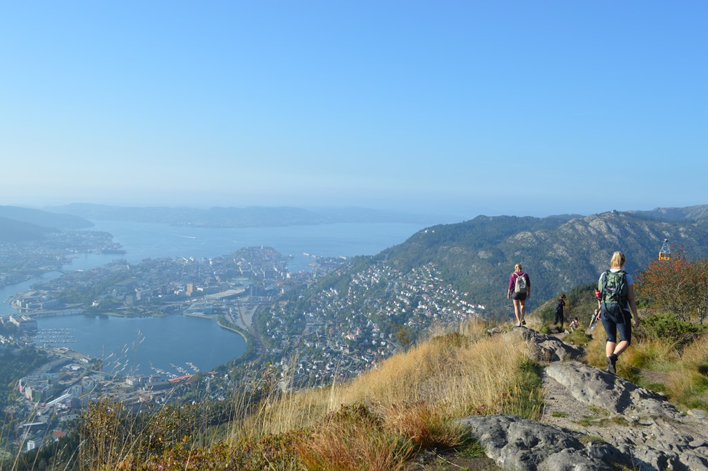 a person on a mountain looking at a city and water