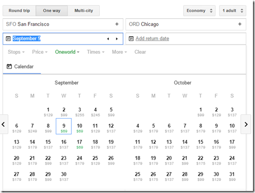 Google Flights SFO-ORD ow search