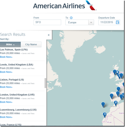 AAdvantage Award Map SFO-Europe Nov 22