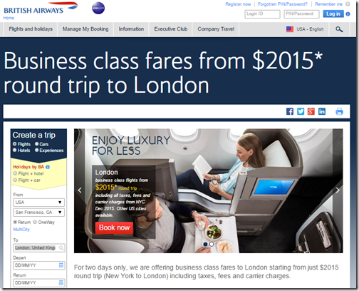 British Airways 2015 Biz Class sale $1625 SFO-LHR