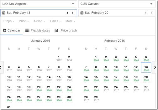 Google Flights LAX-CUN $240 Feb 16