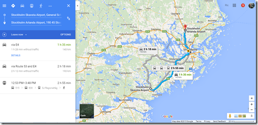 Google maps Stockholm NYO-ARN airports