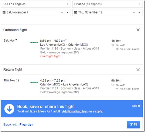 LAX-MCO $118 Frontier Nov7-12