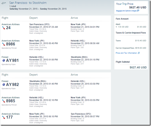 SFO-ARN $628 AA-Finnair Nov 21-29