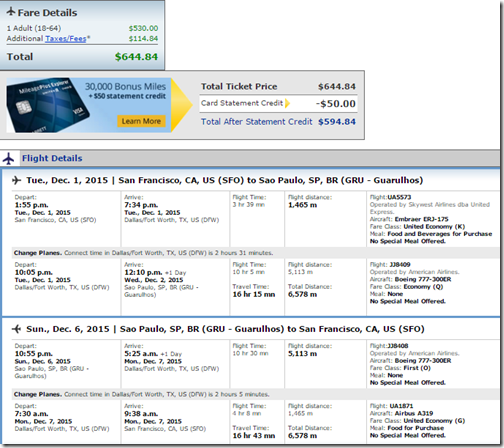 SFO-GRU UA-AA-TAM $645 Dec1-6