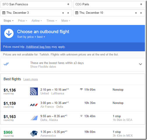 Google Flights SFO-CDG Dec3-10