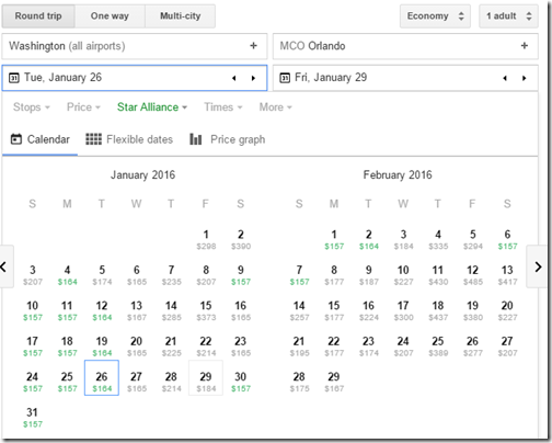 Google Flights fare calendar WAS-MCO