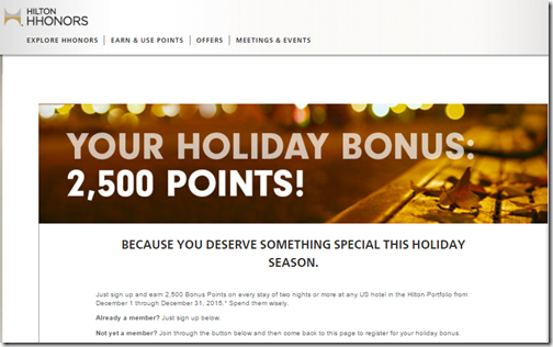 HHonors Dec 2015 2500 points for 2 night stays