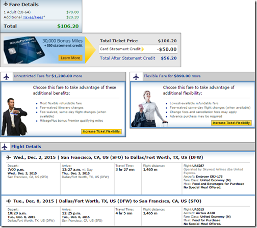 SFO-DFW $106 Dec 2-8 UA