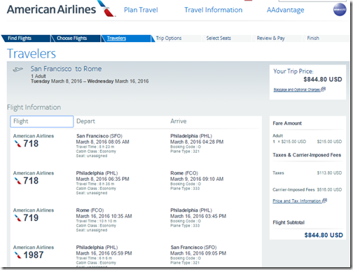 SFO-FCO $845 AA Mar8-16-2016