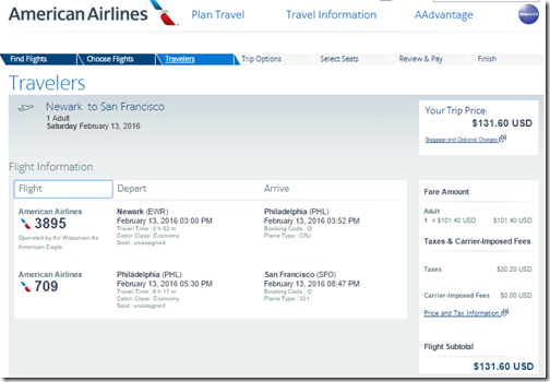 EWR-SFO AA $131.60 Feb 13