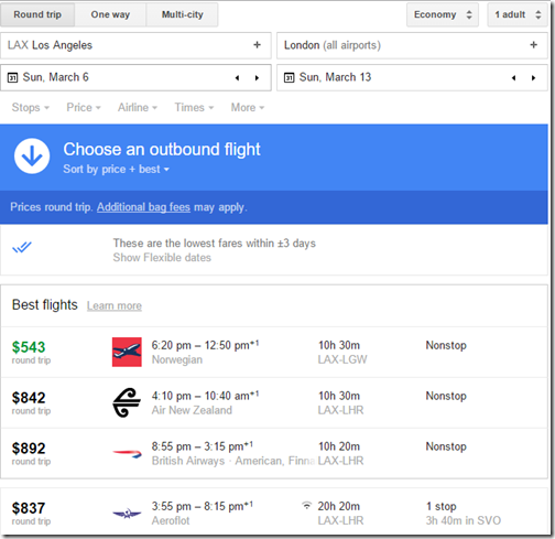 Google Flights LAX-LON