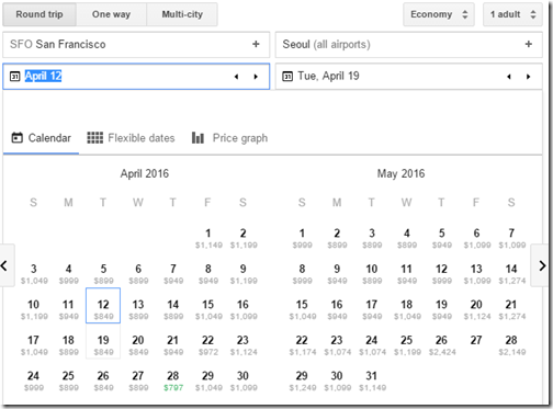 Google Flights SQ Air SFO-ICN fare calendar