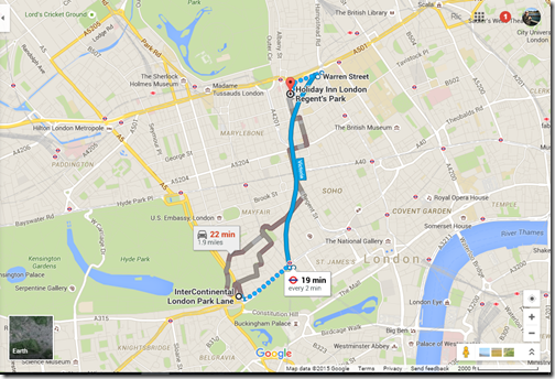 Google Maps IC London to HI Regents Park