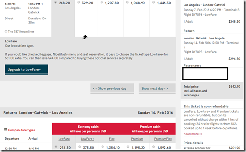 LAX-LGW $543 Norwegian fare types